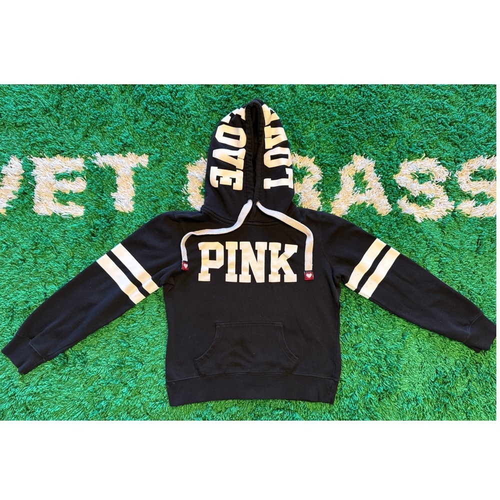 Victoria's Secret PINK Hoodie Womens L Black Good Pullover Love Graphic Stripes